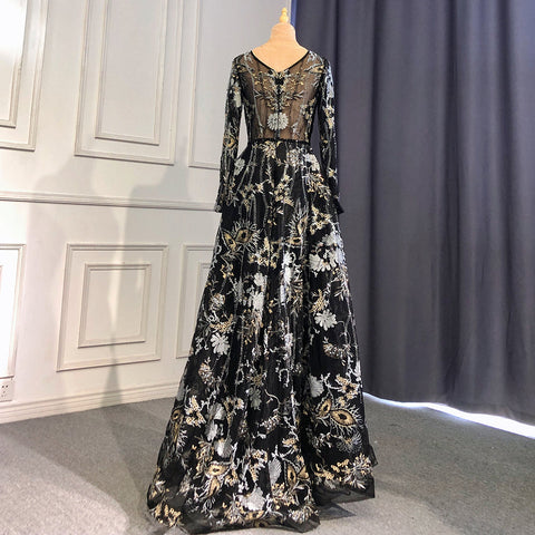 Robe de soirée noire style musulman, coupe trapèze, col en cœur, manches longues, luxueuse, perlée, pour femmes, LA71023A, 2025 