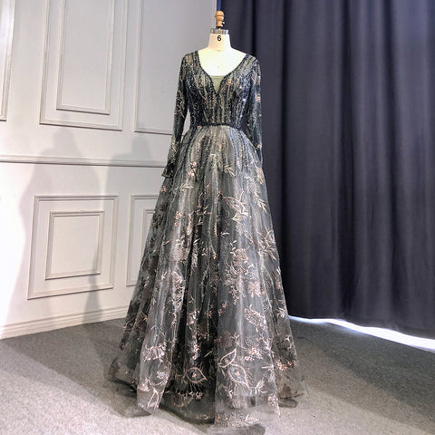 Robe de soirée noire style musulman, coupe trapèze, col en cœur, manches longues, luxueuse, perlée, pour femmes, LA71023A, 2025 