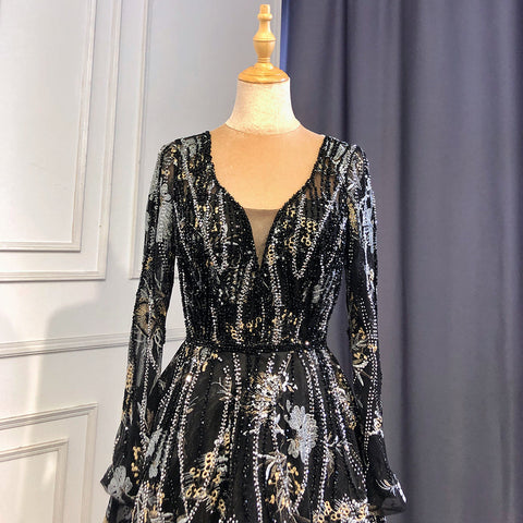 Robe de soirée noire style musulman, coupe trapèze, col en cœur, manches longues, luxueuse, perlée, pour femmes, LA71023A, 2025 