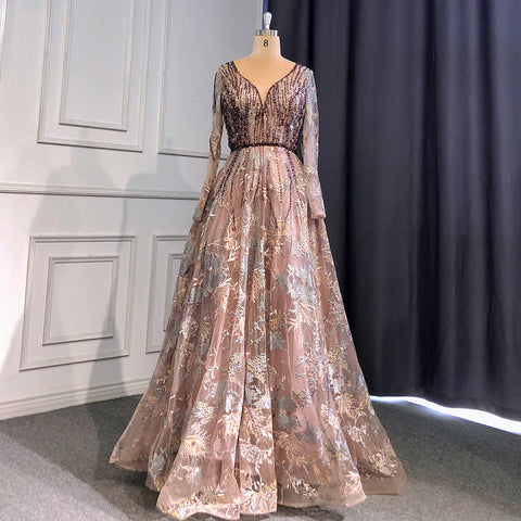 Robe de soirée noire style musulman, coupe trapèze, col en cœur, manches longues, luxueuse, perlée, pour femmes, LA71023A, 2025 