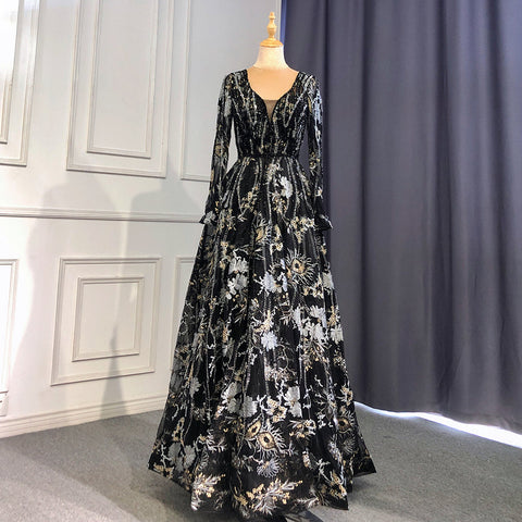 Robe de soirée noire style musulman, coupe trapèze, col en cœur, manches longues, luxueuse, perlée, pour femmes, LA71023A, 2025 