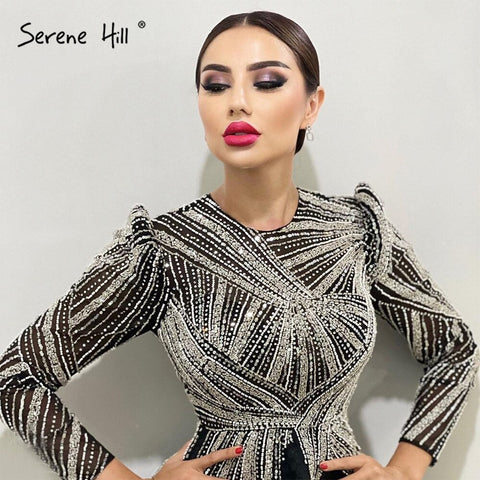 Robe de soirée noire musulmane 2025, coupe trapèze, longueur cheville, perles, pour femmes, LA71290 