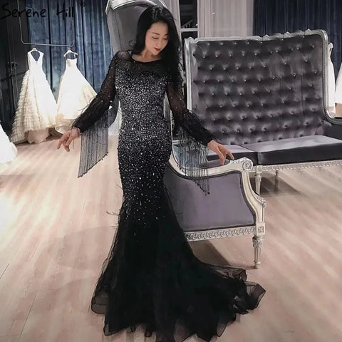 Muslim Silver Feathers Beaded Tassel Luxury Arabic Evening Dress Gown LA60912