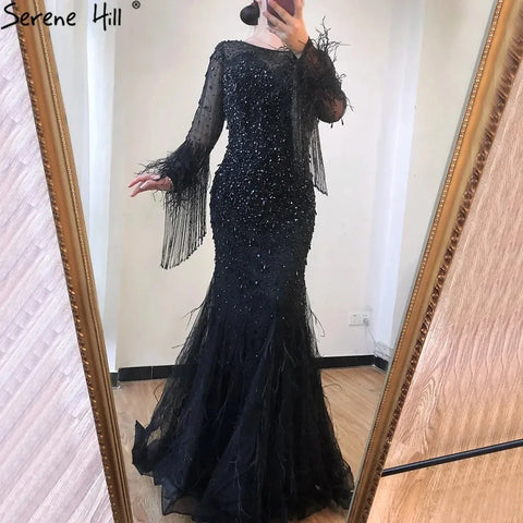 Muslim Silver Feathers Beaded Tassel Luxury Arabic Evening Dress Gown LA60912