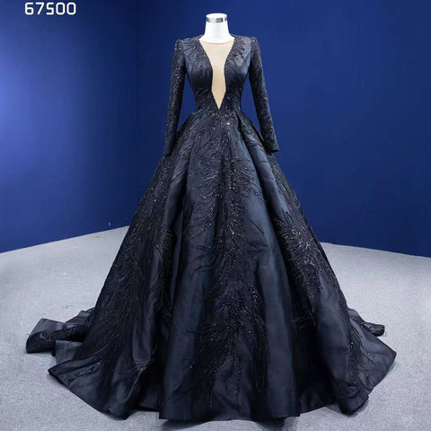 Robe de mariée musulmane noire de luxe en dentelle perlée à manches longues, robe de bal sur mesure, 2025 HM67500 