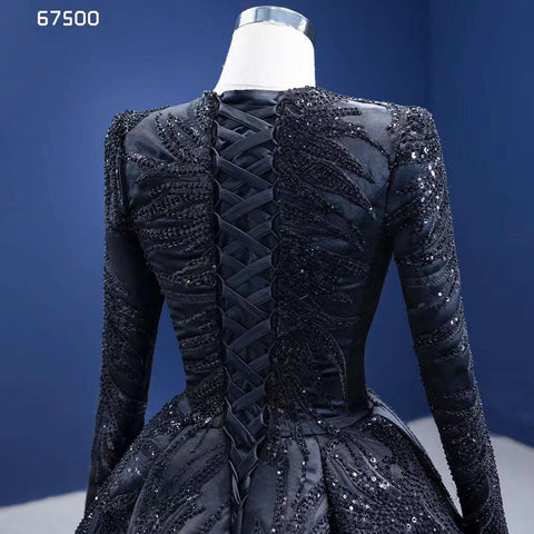 Robe de mariée musulmane noire de luxe en dentelle perlée à manches longues, robe de bal sur mesure, 2025 HM67500 