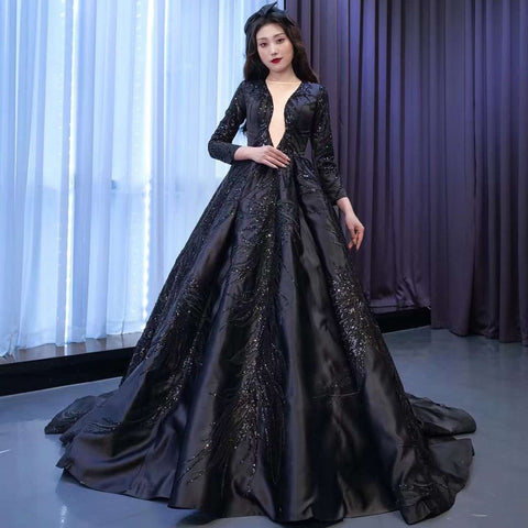 Robe de mariée musulmane noire de luxe en dentelle perlée à manches longues, robe de bal sur mesure, 2025 HM67500 