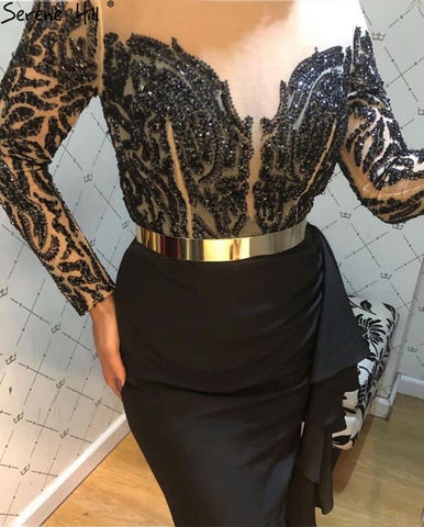 Robe de soirée sirène noire musulmane, élégante, en satin et perles, pour femmes, LA71219, 2025 