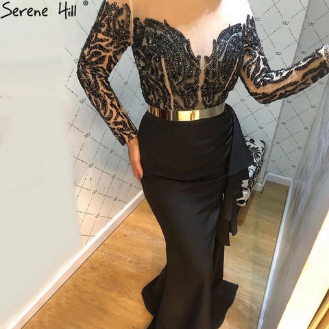 Robe de soirée sirène noire musulmane, élégante, en satin et perles, pour femmes, LA71219, 2025 