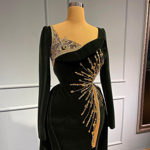 Robe de soirée sirène noire musulmane 2025, jupe en velours élégante et luxueuse pour femmes, LA71513 