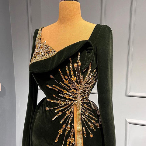 Robe de soirée sirène noire musulmane 2025, jupe en velours élégante et luxueuse pour femmes, LA71513 