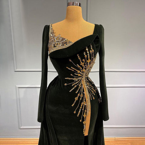 Robe de soirée sirène noire musulmane 2025, jupe en velours élégante et luxueuse pour femmes, LA71513 