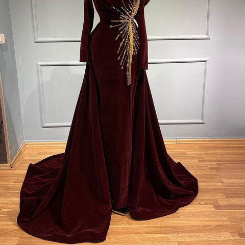 Robe de soirée sirène noire musulmane 2025, jupe en velours élégante et luxueuse pour femmes, LA71513 