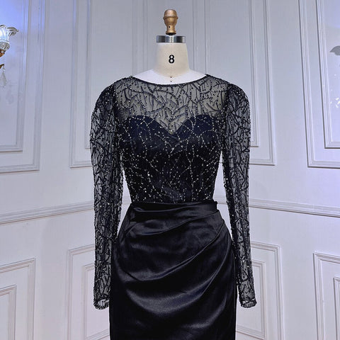 Robe de soirée sirène noire musulmane en satin perlé, luxueuse, tenue de soirée de Dubaï, 2025, pour femme, fête de mariage, LA72040 