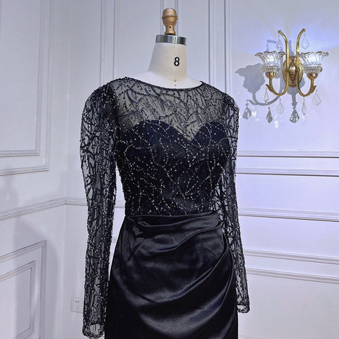 Robe de soirée sirène noire musulmane en satin perlé, luxueuse, tenue de soirée de Dubaï, 2025, pour femme, fête de mariage, LA72040 