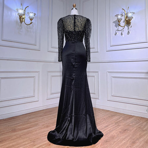 Robe de soirée sirène noire musulmane en satin perlé, luxueuse, tenue de soirée de Dubaï, 2025, pour femme, fête de mariage, LA72040 