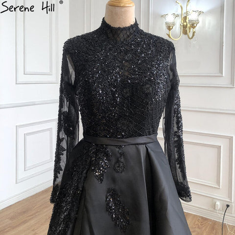Robe de soirée de luxe en satin noir musulman, robe trapèze à perles, pour femmes, LA70919, 2025 
