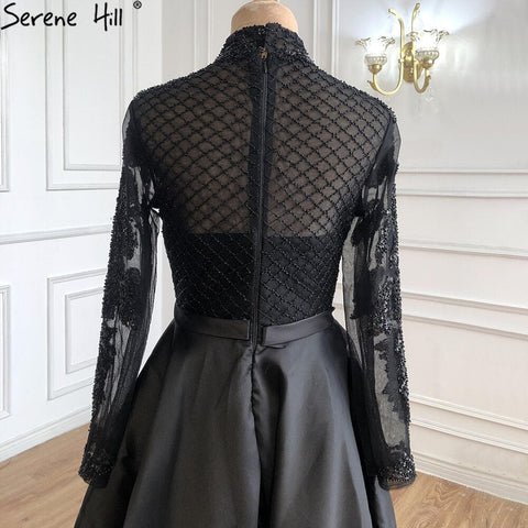 Robe de soirée de luxe en satin noir musulman, robe trapèze à perles, pour femmes, LA70919, 2025 
