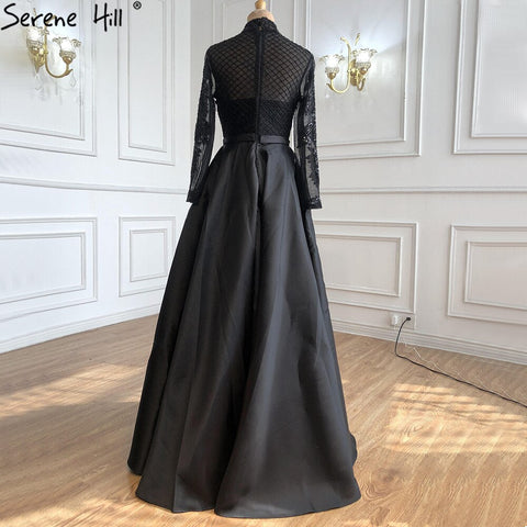 Robe de soirée de luxe en satin noir musulman, robe trapèze à perles, pour femmes, LA70919, 2025 