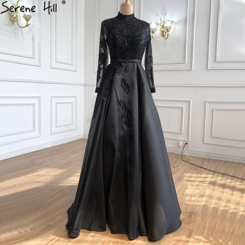 Robe de soirée de luxe en satin noir musulman, robe trapèze à perles, pour femmes, LA70919, 2025 