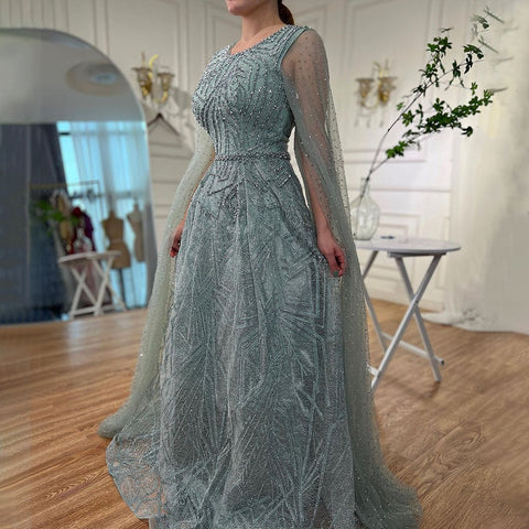 Robe de soirée longue bleue style musulman, coupe trapèze, manches cape, perles, luxueuse, Dubaï, 2025, pour femmes, fête de mariage, LA72153 