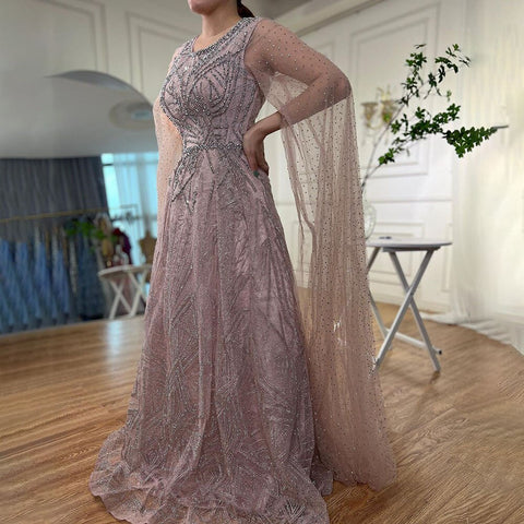 Robe de soirée longue bleue style musulman, coupe trapèze, manches cape, perles, luxueuse, Dubaï, 2025, pour femmes, fête de mariage, LA72153 