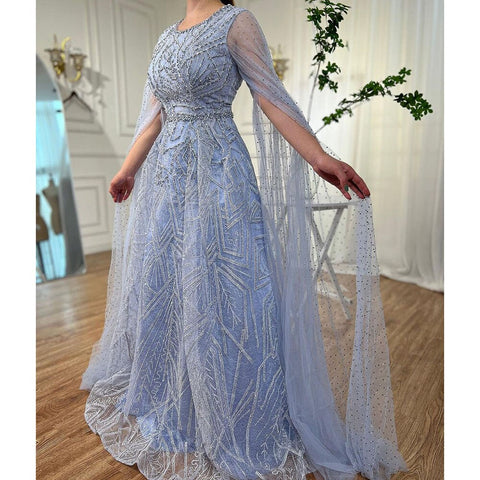 Robe de soirée longue bleue style musulman, coupe trapèze, manches cape, perles, luxueuse, Dubaï, 2025, pour femmes, fête de mariage, LA72153 