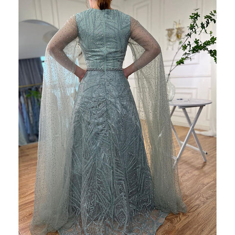Robe de soirée longue bleue style musulman, coupe trapèze, manches cape, perles, luxueuse, Dubaï, 2025, pour femmes, fête de mariage, LA72153 