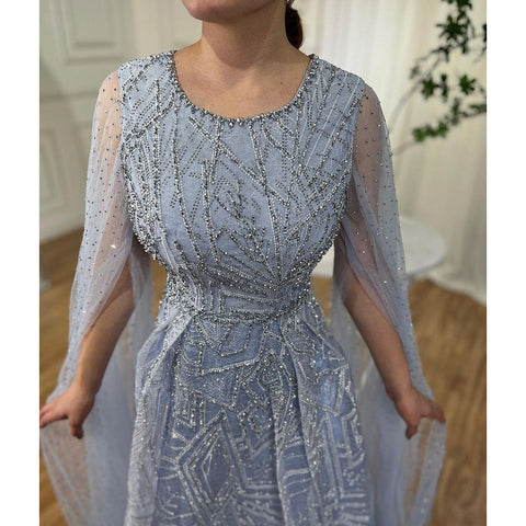 Robe de soirée longue bleue style musulman, coupe trapèze, manches cape, perles, luxueuse, Dubaï, 2025, pour femmes, fête de mariage, LA72153 