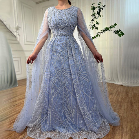 Robe de soirée longue bleue style musulman, coupe trapèze, manches cape, perles, luxueuse, Dubaï, 2025, pour femmes, fête de mariage, LA72153 