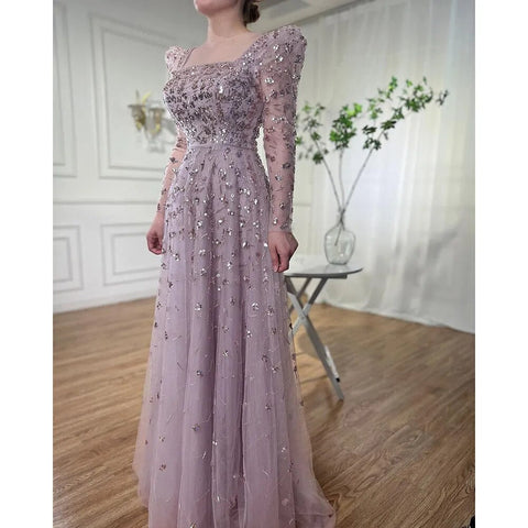 Robe de soirée musulmane bleue trapèze, luxueuse robe de soirée perlée, pour femmes, LA71762A, 2025