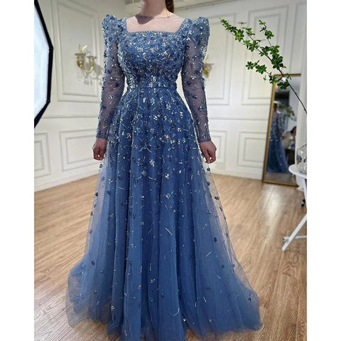 Robe de soirée musulmane bleue trapèze, luxueuse robe de soirée perlée, pour femmes, LA71762A, 2025