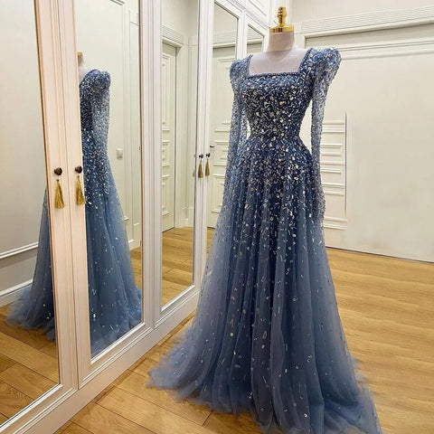 Robe de soirée musulmane bleue trapèze, luxueuse robe de soirée perlée, pour femmes, LA71762A, 2025