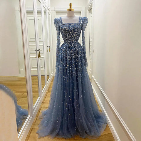 Robe de soirée musulmane bleue trapèze, luxueuse robe de soirée perlée, pour femmes, LA71762A, 2025