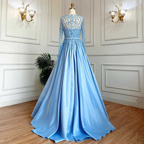 Robe de soirée longue bleue style musulman, coupe trapèze, col rond, dentelle et perles, style arabe, pour femmes, mariage, LA71984, 2025 