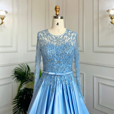Robe de soirée longue bleue style musulman, coupe trapèze, col rond, dentelle et perles, style arabe, pour femmes, mariage, LA71984, 2025 