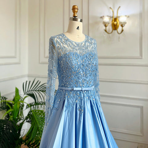 Robe de soirée longue bleue style musulman, coupe trapèze, col rond, dentelle et perles, style arabe, pour femmes, mariage, LA71984, 2025 