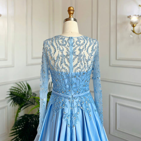 Robe de soirée longue bleue style musulman, coupe trapèze, col rond, dentelle et perles, style arabe, pour femmes, mariage, LA71984, 2025 