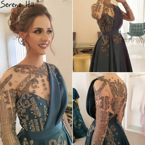 Robe de soirée élégante en satin bleu perlé pour femme musulmane, coupe trapèze, tenue de mariage, LA71135 
