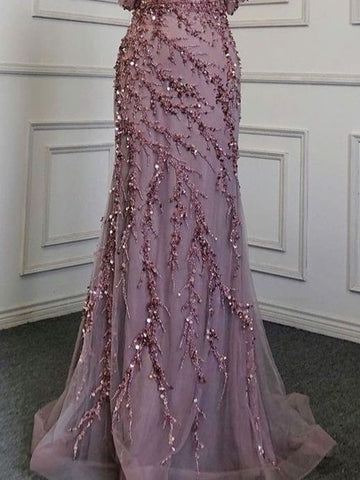 Robe de soirée sirène élégante à col bateau bleu musulman, robe longue de luxe perlée, célébrité 2025 LA71653C 