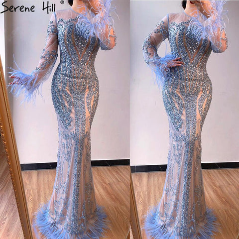 Robe de soirée sirène bleue amovible, style musulman, avec plumes et perles, luxueuse, pour femmes, LA60932A, 2025 