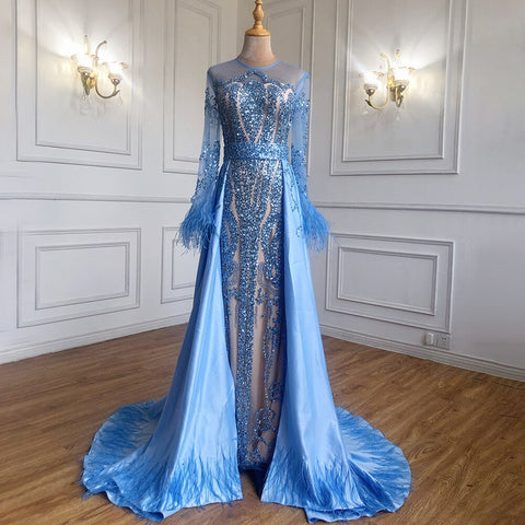 Robe de soirée sirène bleue amovible, style musulman, avec plumes et perles, luxueuse, pour femmes, LA60932A, 2025 