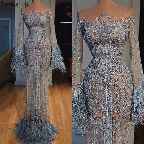 Robe de soirée sirène bleue amovible, style musulman, avec plumes et perles, luxueuse, pour femmes, LA60932A, 2025 