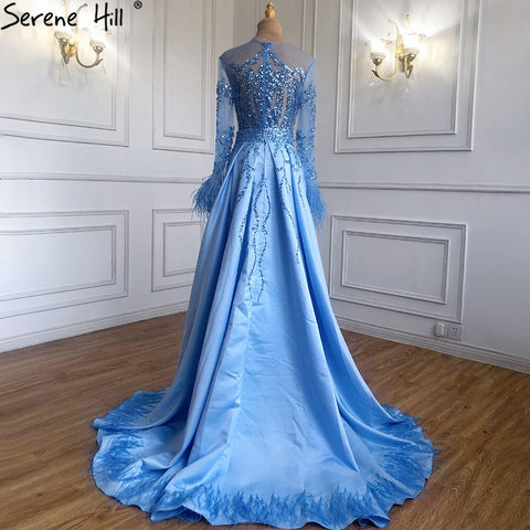 Robe de soirée sirène bleue amovible, style musulman, avec plumes et perles, luxueuse, pour femmes, LA60932A, 2025 