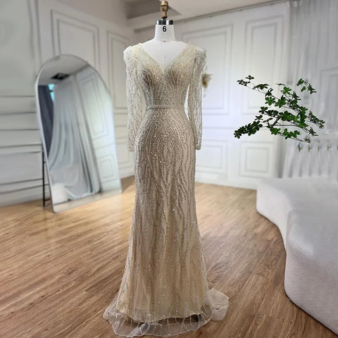 Robe de soirée élégante style sirène, bleu, style musulman, avec perles, style arabe, pour femmes, pour mariage, 2025, LA71931 