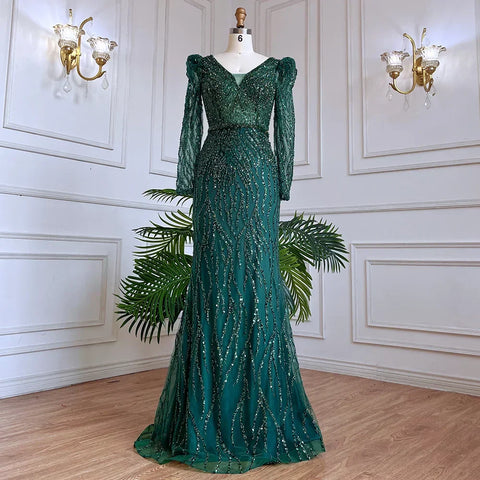 Robe de soirée élégante style sirène, bleu, style musulman, avec perles, style arabe, pour femmes, pour mariage, 2025, LA71931 