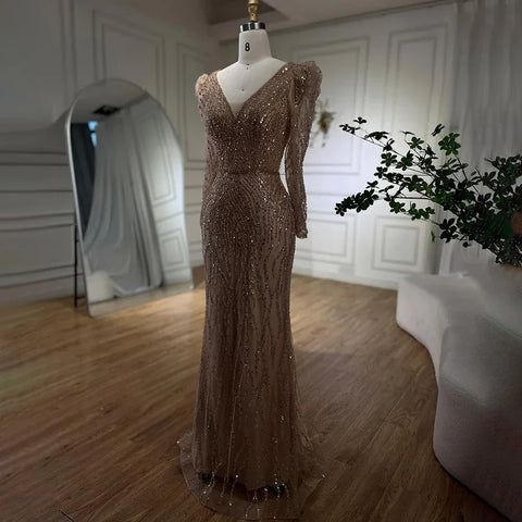 Robe de soirée élégante style sirène, bleu, style musulman, avec perles, style arabe, pour femmes, pour mariage, 2025, LA71931 