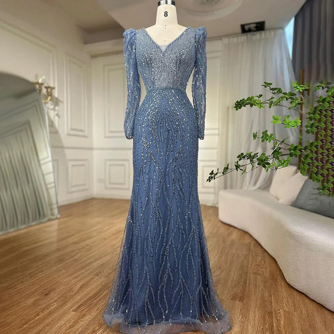 Robe de soirée élégante style sirène, bleu, style musulman, avec perles, style arabe, pour femmes, pour mariage, 2025, LA71931 