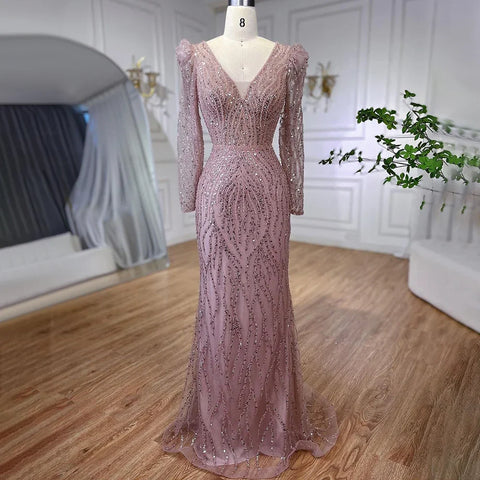 Robe de soirée élégante style sirène, bleu, style musulman, avec perles, style arabe, pour femmes, pour mariage, 2025, LA71931 