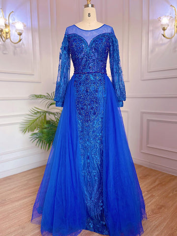 Robe de soirée sirène élégante et luxueuse, style musulman, bleu, avec jupe perlée, pour femmes, modèle LA71891, 2025 